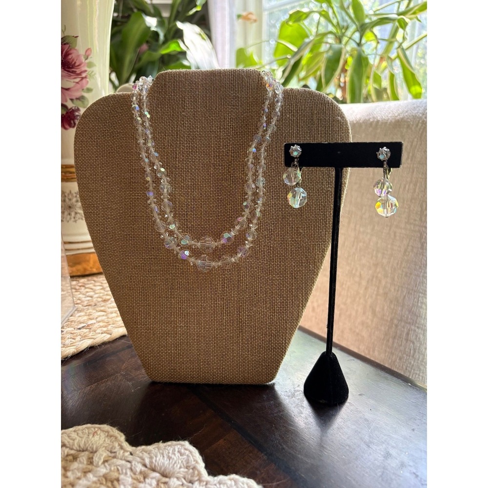 Vintage 1950s Aurora Borealis Crystal Bead Double Strand Necklace & Earrings Set